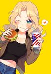  ;) ;t american_flag american_flag_print blonde_hair bomber_jacket closed_mouth cup denim denim_shorts drinking_straw flag_print food food_on_face fuji_fujino girls_und_panzer hamburger heart jacket kay_(girls_und_panzer) military military_uniform one_eye_closed open_clothes open_jacket print_cup saunders_military_uniform shorts smile solo spoken_heart tank_top uniform upper_body 