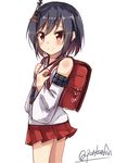  artist_name backpack bag black_hair blush detached_sleeves highres japanese_clothes kantai_collection looking_at_viewer miniskirt nontraditional_miko p.k.f pleated_skirt randoseru red_eyes short_hair shy signature skirt solo twitter_username yamashiro_(kantai_collection) younger 