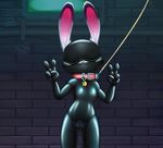  alec8ter anthro blindfold bodysuit clothed clothing collar collar_tag disney female flat_chested front_view gag gagged gimp_suit huebree judy_hopps lagomorph leash looking_at_viewer mammal mask rabbit rubber skinsuit solo text tight_clothing v_sign zipper zootopia 