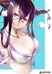  :o bandaged_arm bandages bikini_top blue_background breasts danua draph granblue_fantasy highres horns iapoc jewelry large_breasts long_hair looking_at_viewer pendant pointy_ears purple_hair red_eyes solo twitter_username 