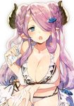  :o bare_arms bare_shoulders bikini blue_eyes blush breasts cleavage double_bun draph granblue_fantasy hair_over_one_eye hair_ribbon horns ikeya_(ikeya314) large_breasts long_hair looking_at_viewer low_twintails narmaya_(granblue_fantasy) navel open_mouth purple_hair ribbon solo swimsuit tress_ribbon twintails white_bikini 