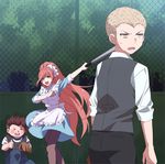  2boys apron bad_id bad_twitter_id baseball_bat blonde_hair blood chain-link_fence danganronpa danganronpa_3 fence green_eyes hanamura_teruteru kuzuryuu_fuyuhiko long_hair maid_apron multiple_boys nosebleed okuragon pantyhose ponytail sweatdrop thumbs_up umpire very_long_hair waistcoat yukizome_chisa 