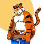  anthro blush clothing embarrassed feline jockstrap male mammal shiba-kenta simple_background tiger under_armor underwear undressing 