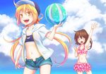  &gt;_&lt; :d ahoge alternate_costume arm_up armpits ball bangs bare_arms beachball bikini bikini_skirt bikini_under_clothes blonde_hair blush bow brown_hair closed_eyes cloud cloudy_sky collarbone commentary_request cowboy_shot day eyebrows_visible_through_hair frilled_bikini frills from_below fumizuki_(kantai_collection) hair_between_eyes hair_ribbon hat holding holding_ball hood hood_down hoodie horizon kantai_collection long_hair looking_at_viewer low_twintails midriff multiple_girls nao_(kamonegiiii) navel ocean open_clothes open_mouth outdoors ponytail remodel_(kantai_collection) ribbon satsuki_(kantai_collection) short_shorts short_sleeves shorts sky smile swimsuit twintails unbuttoned unzipped water waving yellow_eyes 