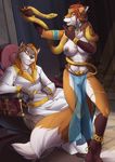  2016 anthro belly_dancer bellydancing breasts canine chair dancing female feral fox harem harem_outfit male mammal medallion nipple_piercing nipples piercing pussy reptile robes scalie sitting smile snake throne tongue tongue_out twinkle-sez 