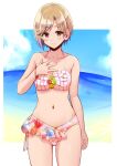  1girl aiba_yumi arm_at_side beach bikini blonde_hair blue_sky blush bracelet breasts brown_eyes closed_mouth cloud collarbone commentary_request cowboy_shot day eyebrows_visible_through_hair frilled_bikini frills halter_top halterneck hand_on_own_chest hand_up highres hogey_nk-2000 idolmaster idolmaster_cinderella_girls idolmaster_cinderella_girls_starlight_stage jewelry looking_at_viewer medium_breasts navel ocean outside_border pink_bikini sand short_hair sky smile solo standing stomach swimsuit water 