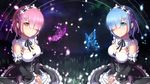  arms_ai blue_eyes blue_hair blurry bob_cut bug butterfly depth_of_field detached_sleeves glowing glowing_butterfly grass hair_ornament hair_over_one_eye hair_ribbon hands_together highres insect light_particles light_smile looking_at_viewer maid md5_mismatch multiple_girls night night_sky pink_eyes pink_hair ram_(re:zero) re:zero_kara_hajimeru_isekai_seikatsu rem_(re:zero) ribbon short_hair siblings sisters sky star_(sky) starry_sky symmetry twins wallpaper x_hair_ornament 