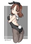  alternate_costume animal_ears ass back bangs bare_shoulders black_legwear blush breasts brown_eyes brown_hair bunny_ears bunny_girl bunny_tail bunnysuit chiyoda_(kantai_collection) cowboy_shot cropped_legs ebifurya eyebrows eyebrows_visible_through_hair fake_animal_ears fake_tail from_side highres kantai_collection looking_at_viewer medium_breasts pantyhose solo strapless tail twitter_username two-tone_background 