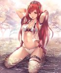  :p absurdres arms_up bikini breasts brown_eyes cleavage granblue_fantasy hair_ornament henriette_(shingeki_no_bahamut) highres kneeling medium_breasts navel official_art outdoors partially_submerged red_hair shingeki_no_bahamut sidelocks solo striped swimsuit tachikawa_mushimaro thigh_strap tongue tongue_out vertical-striped_bikini vertical_stripes white_bikini white_legwear wristband 