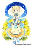  blonde_hair blue_eyes bottle dress expressionless fingerless_gloves flower flower_knight_girl gloves hagoromo hair_flower hair_ornament himeryukinka_(flower_knight_girl) kurasuke looking_at_viewer object_namesake official_art print_ribbon ribbon sandals sash shawl short_hair socks solo standing star star_print starry_sky_print two_side_up white_background white_gloves yellow_dress 