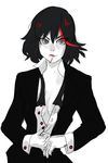  absurdres black_hair breasts cigarette cleavage dragonaer123 dressing faux_traditional_media highres kill_la_kill lipstick makeup matoi_ryuuko medium_breasts multicolored_hair nail_polish short_hair solo spot_color streaked_hair unbuttoned unbuttoned_shirt 