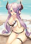  bikini blue_eyes braid breasts demon_horns draph embarrassed granblue_fantasy haik hair_over_one_eye hair_over_shoulder highres horns large_breasts long_hair looking_at_viewer low-tied_long_hair low_twintails narmaya_(granblue_fantasy) navel open_mouth pointy_ears purple_hair single_braid sitting solo stomach swimsuit twintails wavy_mouth white_bikini 