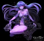 armor bare_shoulders bikini_armor black_background blue_hair breasts caesty character_request collarbone elf full_body glowing glowing_eyes granatha_eternal jewelry lips long_hair medium_breasts navel official_art pink_eyes pointy_ears purple purple_skin ring showgirl_skirt smile solo tattoo thighs very_long_hair 