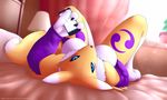  anthro bed bedroom big_breasts blue_eyes breasts claws clothing digimon female gaiters game_(disambiguation) krazykurt lying nintendo on_back paws phone pok&eacute;mon pok&eacute;mon_go renamon solo video_games 