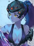  armor blue_hair blue_skin breasts collarbone helmet lingerie lipstick looking_to_the_side makeup overwatch ponytail salmon88 scar small_breasts solo underwear undressing visor widowmaker_(overwatch) yellow_eyes 