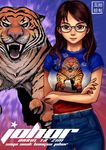  brown_eyes brown_hair casual commentary denim eyebrows glasses highres jeans lips long_hair malaysia mole mole_under_eye original pants ryu_shou shirt solo t-shirt tiger 