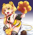  animal_ears blonde_hair breasts collar eyebrows eyebrows_visible_through_hair facial fake_animal_ears gloves highres idolmaster idolmaster_cinderella_girls jougasaki_rika kneeling leash lion_tail long_hair nipples open_mouth oyadi paw_gloves paws small_breasts solo striped striped_legwear tail thighhighs two_side_up vertical-striped_legwear vertical_stripes yellow_eyes 