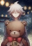  angel31424 closed_eyes danganronpa festival holding japanese_clothes komaeda_nagito male_focus smile solo stuffed_animal stuffed_toy super_danganronpa_2 teddy_bear white_hair 