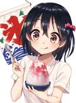  :q black_hair bow brown_eyes closed_mouth hair_bow holding holding_spoon original pink_bow shaved_ice shirt short_sleeves smile solo spoon tongue tongue_out upper_body warabimochi_kinako white_background white_shirt 