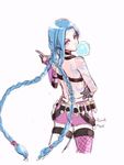  1girl ass blue_hair braid bubblegum bullets jinx_(league_of_legends) league_of_legends pink_eyes solo tattoo twin_braids 