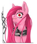  2015 aerostoner earth_pony equine female feral friendship_is_magic fur hair horse insane jewelry looking_at_viewer mammal my_little_pony necklace pink_fur pink_hair pinkamena_(mlp) pinkie_pie_(mlp) pony red_eyes simple_background solo where_is_your_god_now white_background 