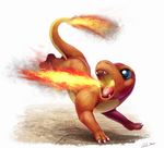  blue_eyes breathing_fire charmander claws fangs fire full_body gen_1_pokemon looking_to_the_side no_humans open_mouth pokemon pokemon_(creature) running signature simple_background stone_floor tail-tip_fire teeth tongue tsitra360 white_background 