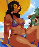  arm_support armlet bare_shoulders beach belly bikini black_hair blue_sky breasts cameltoe cleavage dark_skin day earrings hair_tubes highres jewelry kimmi large_breasts lips long_hair medium_breasts navel ocean outdoors overwatch palm_tree parasol parted_lips pharah_(overwatch) plump shade sitting sky solo sunglasses swimsuit thick_thighs thighs tree umbrella watermark web_address 