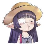 blood blush chiyoda_micro closed_eyes commentary_request eyepatch granblue_fantasy harvin hat long_hair lunalu_(granblue_fantasy) medical_eyepatch nosebleed pointy_ears portrait protected_link purple_hair solo straw_hat 