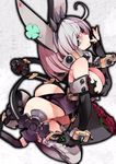  1girl aqua_eyes ass bare_shoulders breasts cleavage detached_sleeves elphelt_valentine fingerless_gloves gloves guilty_gear guilty_gear_xrd hat hyocorou large_breasts thighhighs thong thong_leotard white_hair 