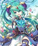  aqua_eyes armor artemis_(p&amp;d) flower gem gloves green_hair hair_ornament horns kozakura_(dictionary) long_hair looking_at_viewer open_mouth ponytail puzzle_&amp;_dragons solo thighhighs water_drop 