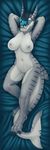  2016 anthro big_breasts blue_eyes breasts female fin fish gills hair hi_res looking_at_viewer lying marine navel nipples nude on_back open_mouth pussy relaxing shark solo teeth vader-san 