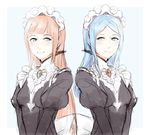  2girls alternate_hairstyle apron aqua_eyes blue_hair blush bow commentary felicia_(fire_emblem_if) fire_emblem fire_emblem_if flora_(fire_emblem_if) frilled_apron frills headdress lithety long_hair long_sleeves looking_at_another maid maid_apron maid_headdress multiple_girls pink_hair puffy_long_sleeves puffy_sleeves siblings sisters sketch smile striped striped_background upper_body 