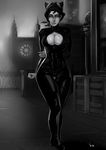  arkham batman black_and_white black_hair breasts catwoman gotham highres hips latex looking_at_viewer night nipple_slip nipples noir painting shiny short_hair skin_tight viriden 