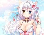  bicolored_eyes bikini catgirl close cropped long_hair mauve original swimsuit waifu2x white_hair wristwear 