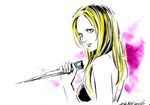  2016 blonde_hair buffy_summers buffy_the_vampire_slayer commentary dagger dated forehead from_side green_eyes hayama_jun'ichi lips long_hair marker_(medium) solo traditional_media weapon 