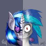  2014 aerostoner equine eyewear female feral friendship_is_magic fur glasses grey_background grin hair hi_res horn insane looking_at_viewer mammal multicolored_hair my_little_pony red_eyes simple_background solo two_tone_hair unicorn vinyl_scratch_(mlp) white_fur 