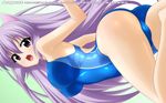  all_fours animal_ears august calendar_(medium) cat_ears cat_tail competition_swimsuit highres long_hair one-piece_swimsuit original purple_eyes purple_hair solo sugimura_tomokazu swimsuit tail 