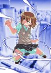  brown_eyes brown_hair building electricity misaka_mikoto muichimon school_uniform short_hair shorts skyscraper solo sweater_vest to_aru_kagaku_no_railgun to_aru_majutsu_no_index 