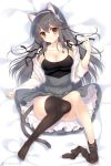  alternate_costume animal_ears black_legwear black_shirt breasts brown_eyes brown_footwear cat_ears cat_tail cleavage convenient_leg grey_hair grey_skirt hair_ornament hairband hairclip haruna_(kantai_collection) jacket jewelry kantai_collection large_breasts legwear_removed lying necklace on_back on_bed shigunyan shirt shoes single_shoe single_thighhigh skirt smile tail thighhighs white_hairband white_jacket 