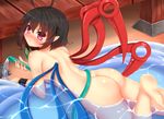  ahoge animal ass asymmetrical_wings back bangs black_hair blush breasts cuffs eyebrows eyebrows_visible_through_hair eyelashes from_above hair_between_eyes holding hose houjuu_nue leg_up lips looking_at_viewer lying nude on_stomach outdoors partially_submerged pointy_ears red_eyes short_hair small_breasts snake soles solo tokoya_(ex-hetare) touhou veranda wading_pool water wet wings 