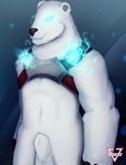  2016 absurd_res animal_genitalia anthro arcsuh balls black_nose digital_media_(artwork) fur hi_res league_of_legends looking_at_viewer male mammal nude painted penis simple_background solo standing video_games volibear white_fur 