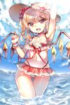  arm_up armpits ass_visible_through_thighs bad_id bad_pixiv_id bikini blonde_hair blue_sky cloud cowboy_shot day flandre_scarlet hat highres looking_at_viewer open_mouth outdoors papo red_bikini red_eyes sketch sky smile solo sun_hat sunlight swimsuit thigh_gap touhou water wings wrist_cuffs 