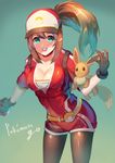  :d aguy baseball_cap belt black_gloves breasts brown_hair cleavage copyright_name cowboy_shot eevee female_protagonist_(pokemon_go) gen_1_pokemon gloves green_background green_eyes hat large_breasts leggings open_mouth poke_ball pokemon pokemon_(creature) pokemon_go ponytail red_eyes round_teeth smile solo teeth 