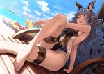  akita_hika animal_ears aqua_hair barefoot beach breasts brown_eyes casual_one-piece_swimsuit cloud day erune ferry_(granblue_fantasy) frilled_swimsuit frills granblue_fantasy island looking_at_viewer medium_breasts one-piece_swimsuit outdoors sideboob sky solo swimsuit thigh_strap water 