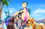  2016 amber_eyes anthro anthrofied arcanine big_breasts bikini black_hair blonde_hair blue_eyes breasts canine clothed clothing cloud eeveelution eyes_closed fangs female glaceon group hair holding_object holding_phone huge_breasts larger_female long_hair male mammal mightyena mleonheart navel nintendo one_eye_closed open_mouth outside palm_tree phone pok&eacute;mon pok&eacute;morph purple_eyes red_eyes size_difference sky sling_bikini smaller_male snorlax swimming_pool swimsuit tongue tree video_games water yellow_sclera 
