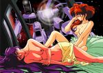  90s after_sex bed_sheet blush breasts character_request closed_eyes hand_on_own_face long_hair lying mecha medium_breasts multiple_girls navel nipples nude oldschool on_side purple_hair red_eyes red_hair science_fiction sitting sleeping space spacecraft_interior star_(sky) viper viper_v12 window yuri 