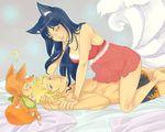  animal_ears baby babydoll bed black_hair blonde_hair crossover fox_ears fox_tail if_they_mated league_of_legends linart lingerie naruto naruto_(series) power_connection tail trait_connection underwear uzumaki_naruto whisker_markings 