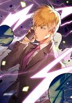  artist_name blonde_hair cellphone cowboy_shot electricity formal kanapy looking_to_the_side male_focus mob_psycho_100 necktie phone reigen_arataka solo suit sweatdrop twitter_username 