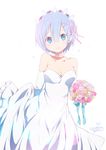  bare_shoulders blue_eyes blue_hair blush bouquet breasts bride choker cleavage collarbone commentary dated dress elbow_gloves flower gloves hair_ornament hair_over_one_eye hair_ribbon looking_at_viewer maid_headdress medium_breasts ragho_no_erika re:zero_kara_hajimeru_isekai_seikatsu rem_(re:zero) ribbon short_hair signature simple_background smile solo strapless strapless_dress wedding_dress white_background white_dress white_gloves x_hair_ornament 