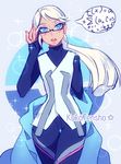  adjusting_eyewear artist_name bespectacled blanche_(pokemon) blue_eyes blush coat glasses kokotensho open_mouth pokemon pokemon_go ponytail solo sparkle speech_bubble symbol turtleneck white_hair 